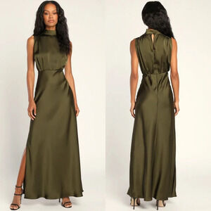 Lulus Classic Elegance Olive Satin Sleeveless Mock Neck Maxi Dress Wedding Party